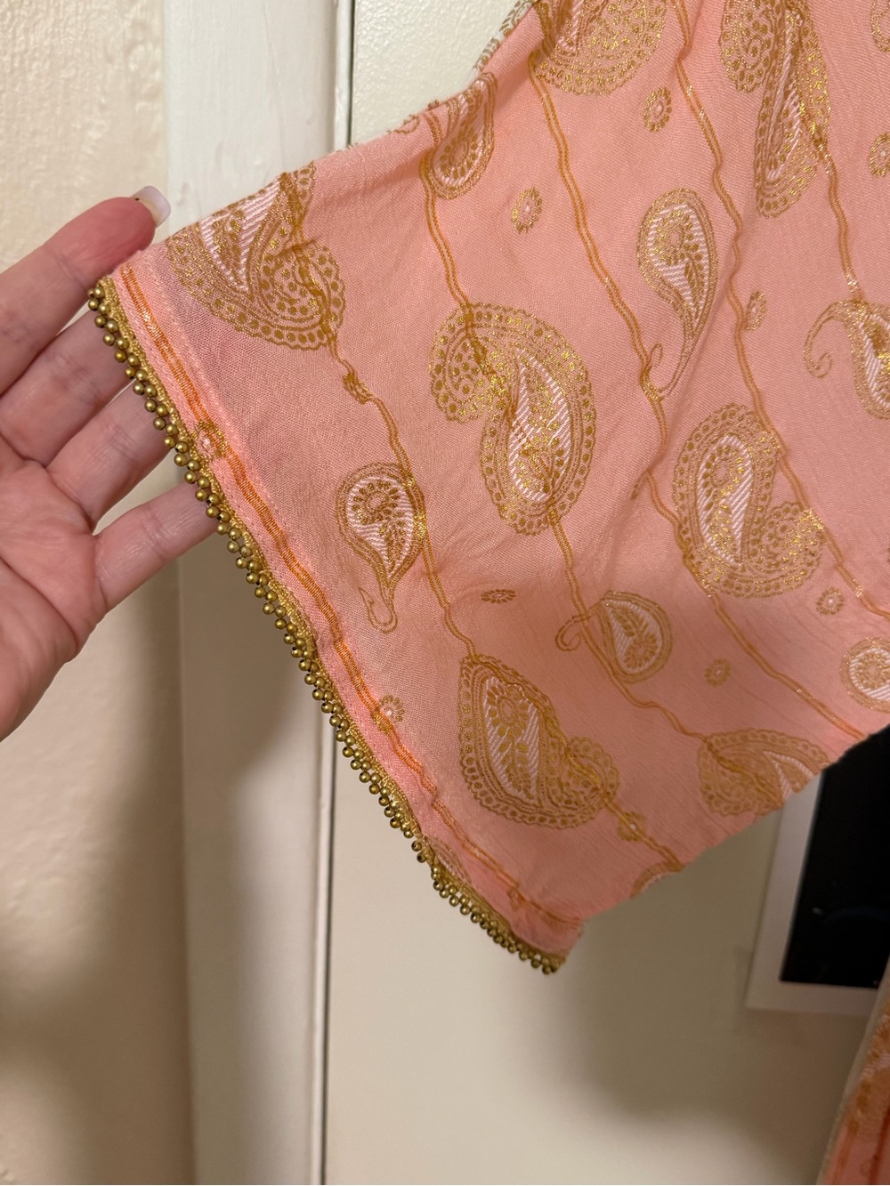 Two-Tone Pink and Cream Maxi Cover Up with Gold Paisley Accents - Picture 4 of 5